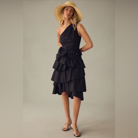 By Anthropologie Dresses & Skirts - By Anthropologie One-Shoulder Tiered Midi Dress - side zip - size 4 - black